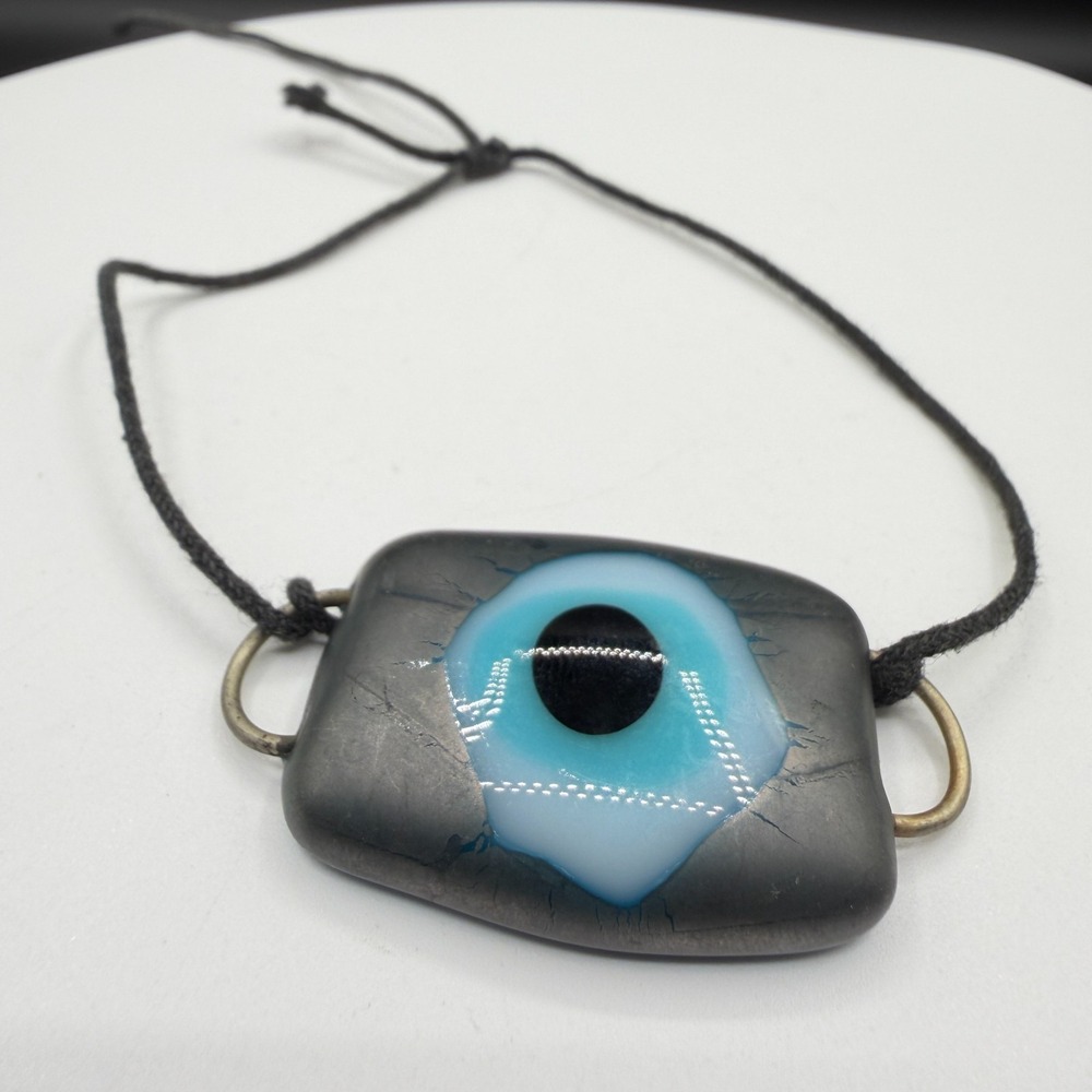 Blue Evil Eye Glass Bracelet Black Cord Boho Protection Talisman Statement Charm
